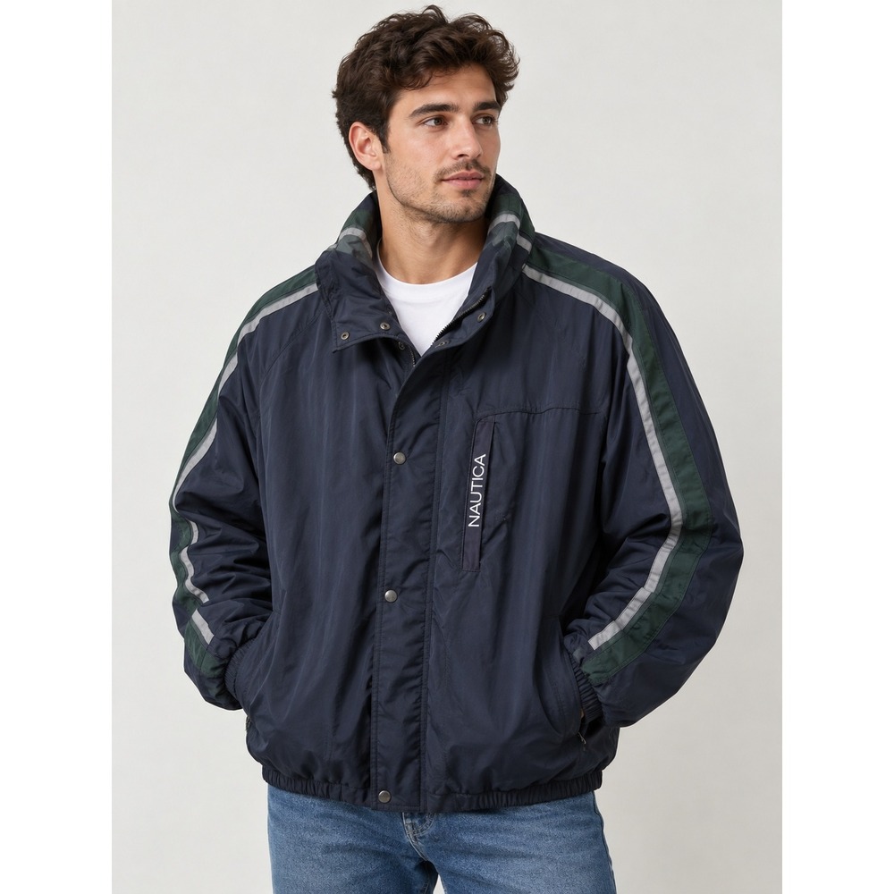 Nautica Windbreaker Jacket Mens XL Navy Blue Striped Concealed Hood Full Zip